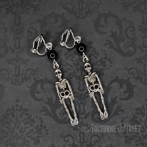Gothic Skeleton Clip-On Earrings - Creepy Earrings, Gothic Clip-On Earrings, Silver Skeleton Jewelry, Halloween Jewellery