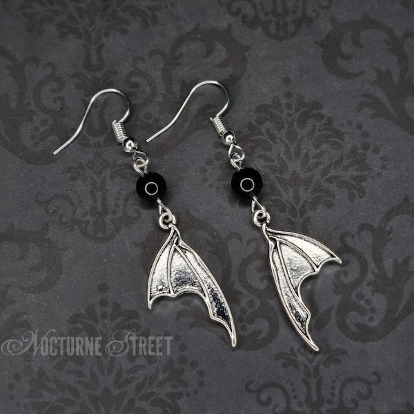 Gothic Bat Wing Earrings with Black Onyx - Silver Bat Earrings, Vampire Jewelry, Gothic Earrings, Halloween Earrings