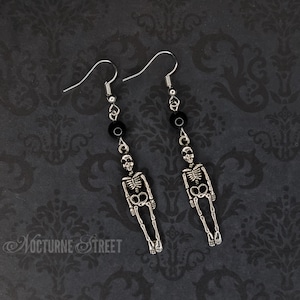 Silver Skeleton Earrings With Black Onyx - Gothic Earrings, Creepy Skeleton Jewelry, Halloween Earrings, Spooky Jewellery