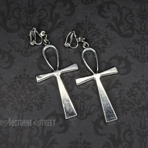 Silver Ankh Clip-On Earrings - Large Gothic Clip-On Earrings, Witchy Earrings, Goth Non-Pierced Earrings