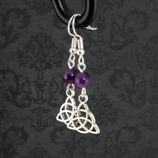 Amethyst Triquetra Earrings - Silver Celtic Knot Earrings, Wiccan Earrings, Pagan Jewellery, Boho Healing Crystal Jewelry