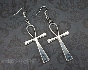 Gothic Silver Ankh Earrings - Large Gothic Ankh Earrings, Trad Goth Earrings, Statement Gothic Jewelry