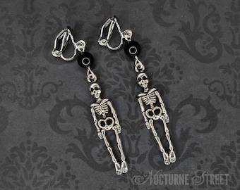 Gothic Skeleton Clip-On Earrings - Creepy Earrings, Gothic Clip-On Earrings, Silver Skeleton Jewelry, Halloween Jewellery