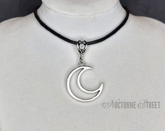 Silver Moon Cord Choker - Crescent Moon Necklace, Gothic Moon Choker, Thin Choker