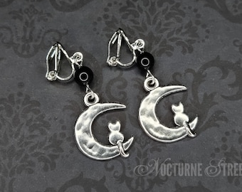 Cat & Moon Clip-On Earrings - Gothic Clip-On Earrings, Silver Cat Non-Pierced Earrings, Silver Moon Jewelry