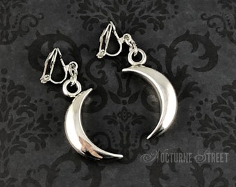 Silver Moon Clip-On Earrings - Crescent Moon Gothic Clip-On Earrings, Goth Non-Pierced Earrings