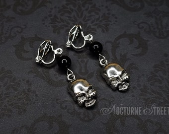 Silver Skull Clip-On Earrings - Gothic Clip-On Earrings, Halloween Non-Pierced Earrings, Halloween Jewelry