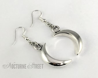 Silver Crescent Moon Earrings - Wiccan Earrings, Gothic Moon Dangle Earrings, Pagan Earrings, Witchy Jewelry