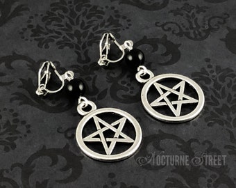 Silver Pentagram Clip-On Earrings - Gothic Clip-On Earrings, Goth Non-Pierced Earrings, Childrens Halloween Earrings