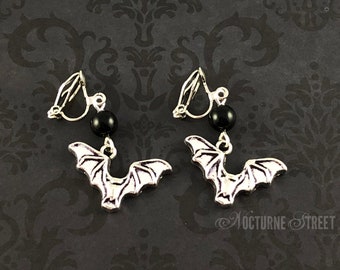 Silver Bat Clip-On Earrings - Gothic Clip-On Earrings, Halloween Non-Pierced Earrings, Halloween Jewelry