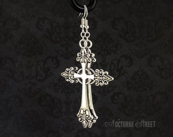 Gothic Silver Cross Earrings - Large Gothic Cross Earrings, Statement Trad Goth Earrings, Gothic Jewelry