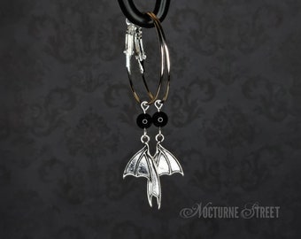 Bat Wing Hoop Earrings With Black Onyx - Gothic Hoop Earrings, Trad Goth Jewelry, Statement Gothic Earrings