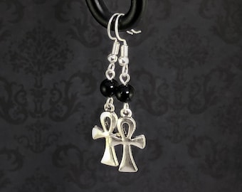 Silver Ankh Earrings, Gothic Dangle Earrings with Black Onyx - Goth Jewelry, Silver Gothic Earrings, Gothic Gift, Occult Jewelry