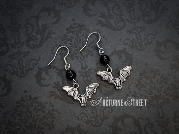 Gothic Bat Earrings With Black Onyx - Trad Goth Earrings, Spooky Halloween Earrings, Gothic Jewelry, Alternative Jewelry