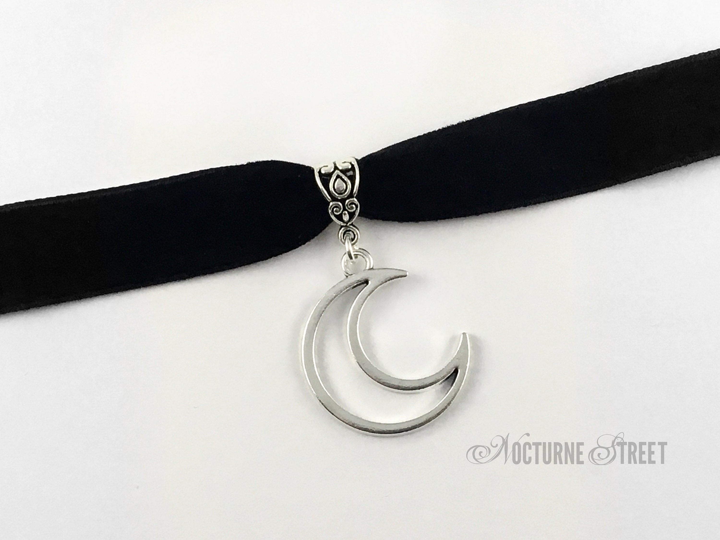 Black Velvet Choker With Silver Moon Charm - Moon Choker, Gothic Choker ...