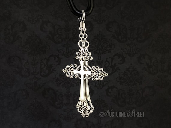 Gothic Silver Cross Earrings - Large Gothic Cross Earrings, Statement Trad Goth Earrings, Gothic Jewelry
