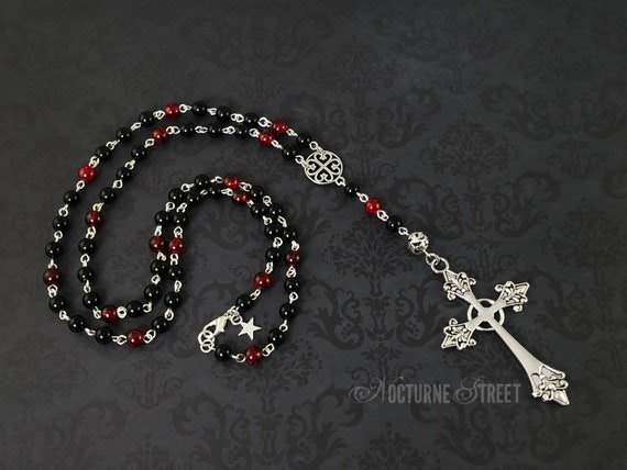 Red & Black Gothic Rosary Necklace - Long Gothic Cross Necklace, Beaded Romantic Goth Necklace