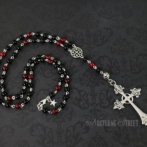 Red & Black Gothic Rosary Necklace - Long Gothic Cross Necklace, Beaded Romantic Goth Necklace