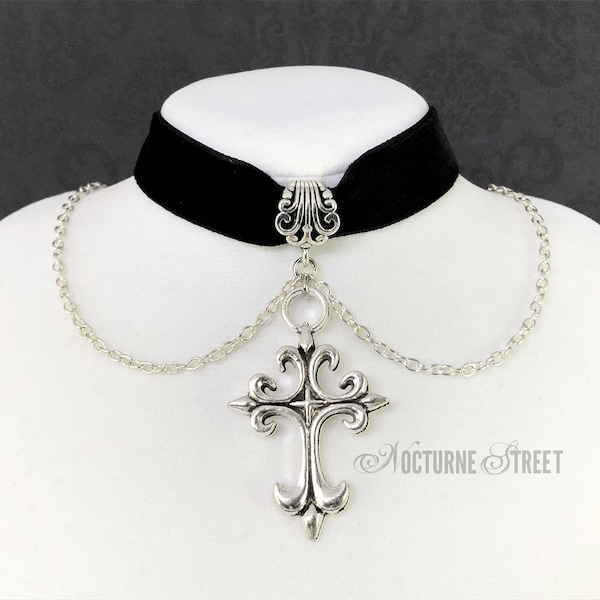 Gothic Cross Choker With Chains - Silver Cross Choker, Ornate Cross Necklace, Black Velvet Choker, Gothic Jewelry