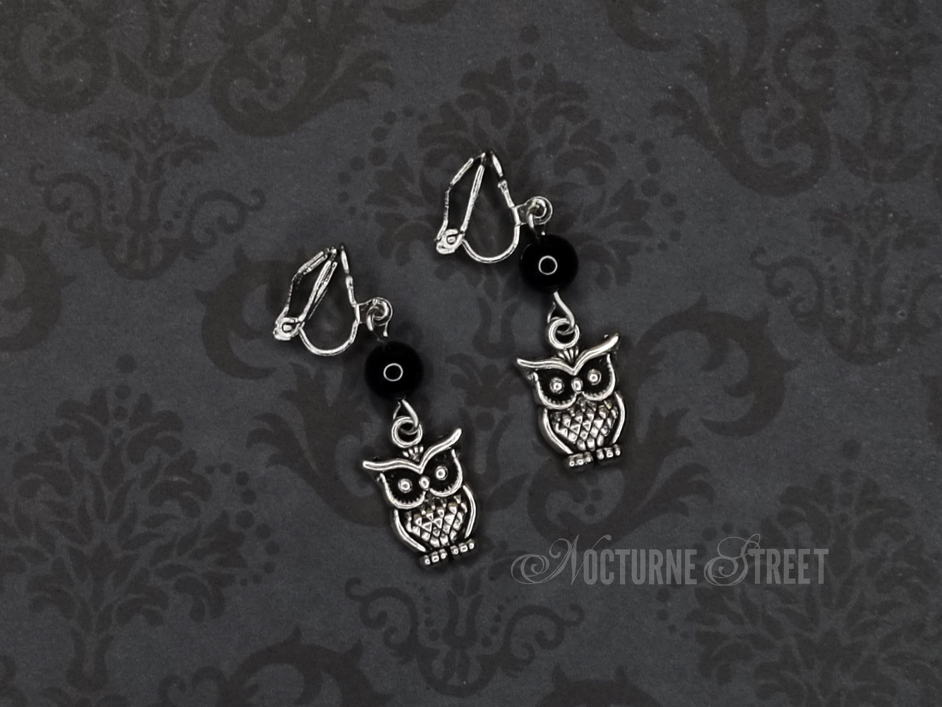 Silver Owl Clip-On Earrings - Gothic Clip-On Earrings, Halloween Non-Pierced Earrings, Spooky Jewelr
