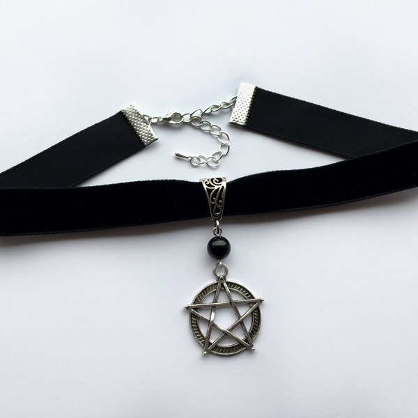 Silver Pentagram Choker with Black Onyx - Goth Choker Necklace, Pentacle Choker Jewelry, Black Velvet Gothic Choker, Gothic Jewellery