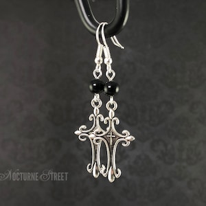 Gothic Cross Earrings With Black Onyx - Gothic Earrings, Goth Jewelry, Trad Goth Earrings, Spooky Jewellery