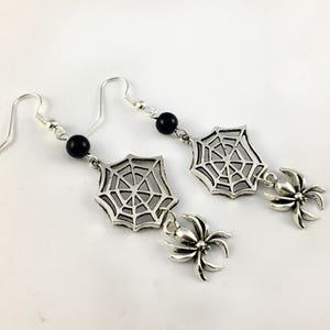 Gothic Spider & Web Earrings With Black Onyx Beads - Spider Earrings, Halloween Earrings, Goth Earrings, Gothic Jewelry, Spooky Jewelry