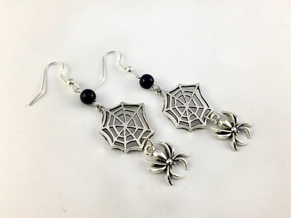 Gothic Spider & Web Earrings With Black Onyx Beads - Spider Earrings, Halloween Earrings, Goth Earrings, Gothic Jewelry, Spooky Jewelry