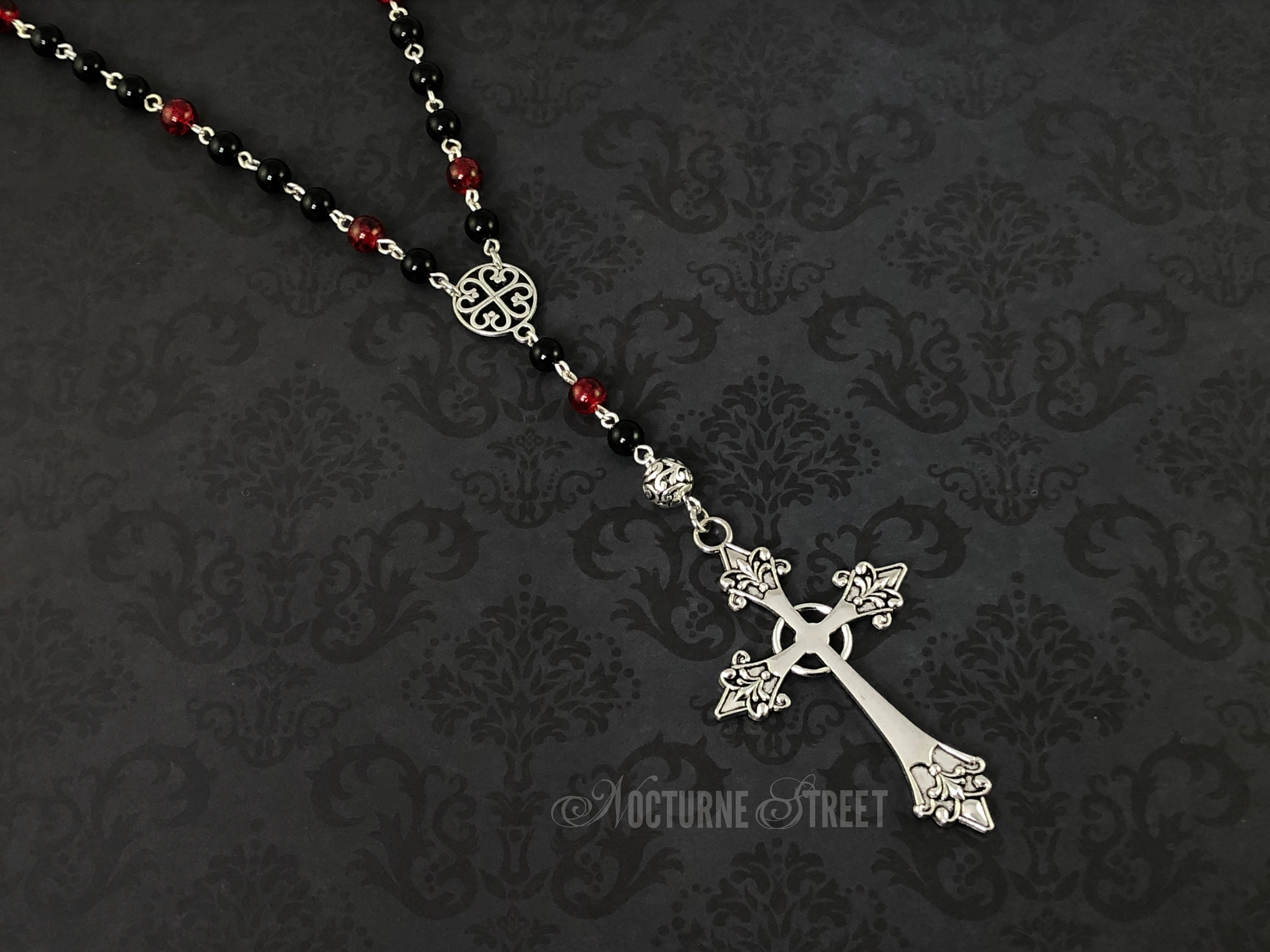 Red & Black Gothic Rosary Necklace - Long Gothic Cross Necklace