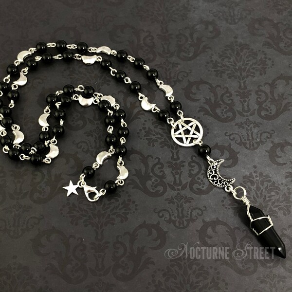 Collier chapelet gothique - chapelet païen, perles de prière, collier pentagramme en onyx noir, collier de perles trad goth