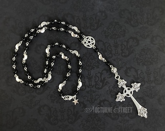 Collar de rosario gótico - cuentas de oración góticas, collar de pentagrama, collar gótico tradicional con cuentas, collar de cruz gótica