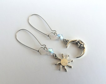 Mystical Asymmetric Sun & Moon Tunnel Earrings (Pair) On Silver Plated Hooks - Earrings For Stretched Ears/Gauged Ears, Pagan Earrings