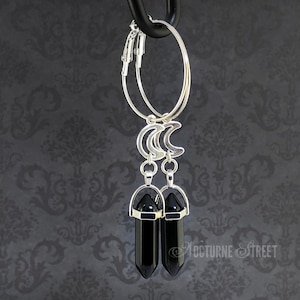 Black Onyx Gothic Hoop Earrings With Silver Moon - Gothic Earrings, Crystal Hoop Earrings With Charm, Celestial Earrings, Wiccan Jewellery