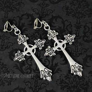 Large Silver Cross Clip-On Earrings - Gothic Clip-On Earrings, Goth Non-Pierced Earrings, Witchy Earrings