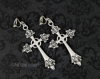 Large Silver Cross Clip-On Earrings - Gothic Clip-On Earrings, Goth Non-Pierced Earrings, Witchy Earrings