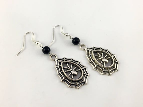 Gothic Spider Dangle Earrings With Onyx Beads On Silver Plated Hooks - Gothic Earrings, Goth Earrings, Spider Earrings, Gothic Jewellery