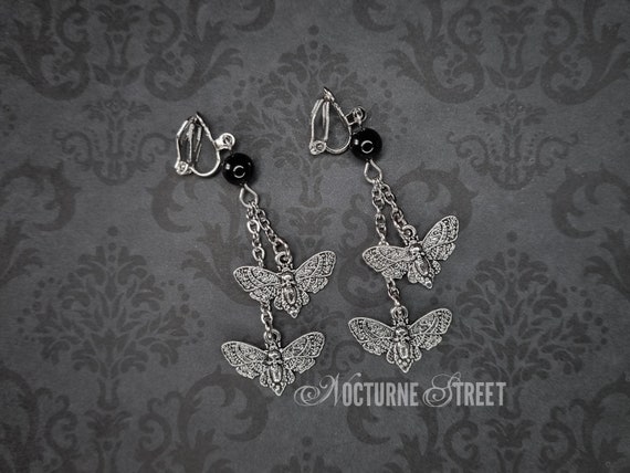 Clip-On Deaths Head Moth Earrings - Gothic Clip On Earrings, Dark Academia Goth Jewelry, Alternative Witchy Earrings, Spooky Goth Gift