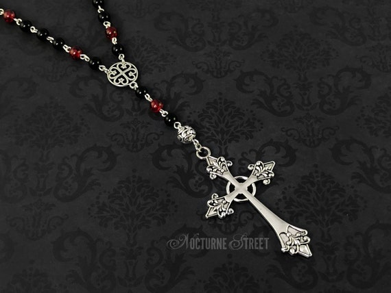 Red & Black Gothic Rosary Necklace - Long Gothic Cross Necklace