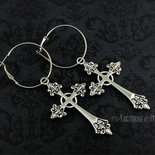 Silver Cross Gothic Hoop Earrings - Large Silver Cross Earrings, Gothic Cross Earrings, Statement Trad Goth Jewelry