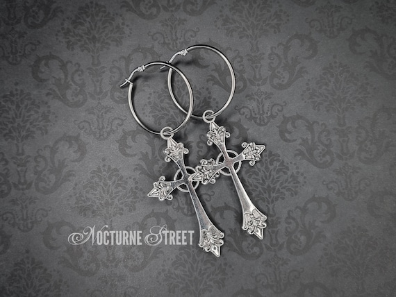Gothic Cross Hoop Earrings - Large Silver Cross Earrings, Gothic Cross Earrings, Trad Goth Jewelry, Alternative Jewelry, Goth Gift
