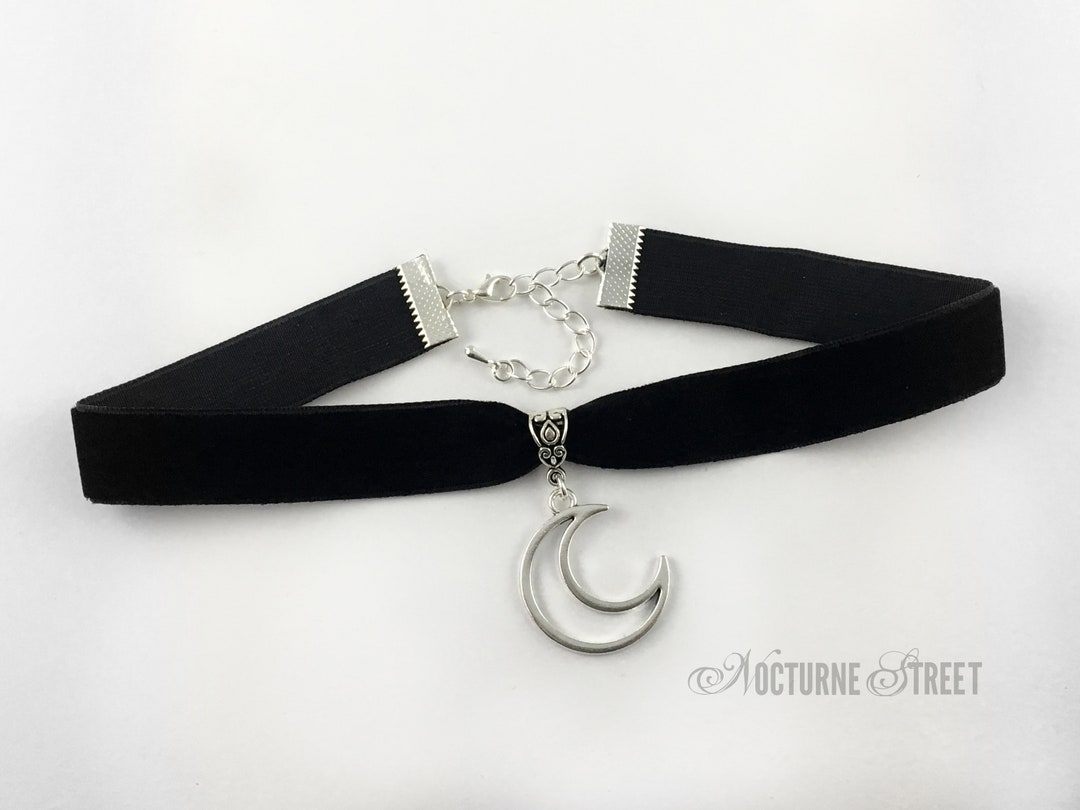Black Velvet Choker With Silver Moon Charm - Moon Choker, Gothic Choker ...