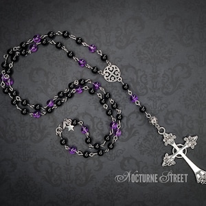 Purple & Black Gothic Rosary Necklace - Long Gothic Cross Necklace, Beaded Romantic Goth Necklace, Alternative Jewelry