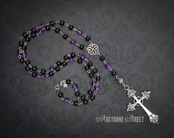 Purple & Black Gothic Rosary Necklace - Long Gothic Cross Necklace, Beaded Romantic Goth Necklace, Alternative Jewelry