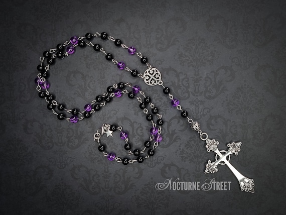 Purple & Black Gothic Rosary Necklace - Long Gothic Cross Necklace, Beaded Romantic Goth Necklace, Alternative Jewelry