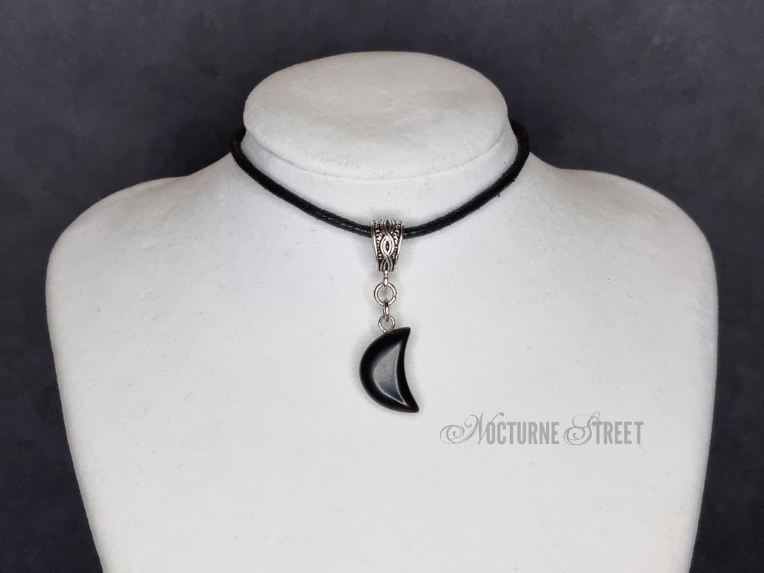 Black Onyx Moon Cord Choker - Black Moon Choker, Gothic Thin Choker ...
