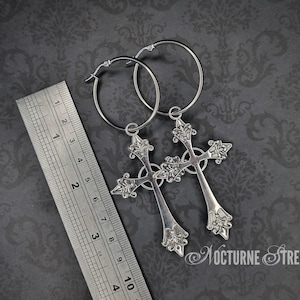 Gothic Cross Hoop Earrings - Large Silver Cross Earrings, Gothic Cross Earrings, Trad Goth Jewelry, Alternative Jewelry, Goth Gift image 2