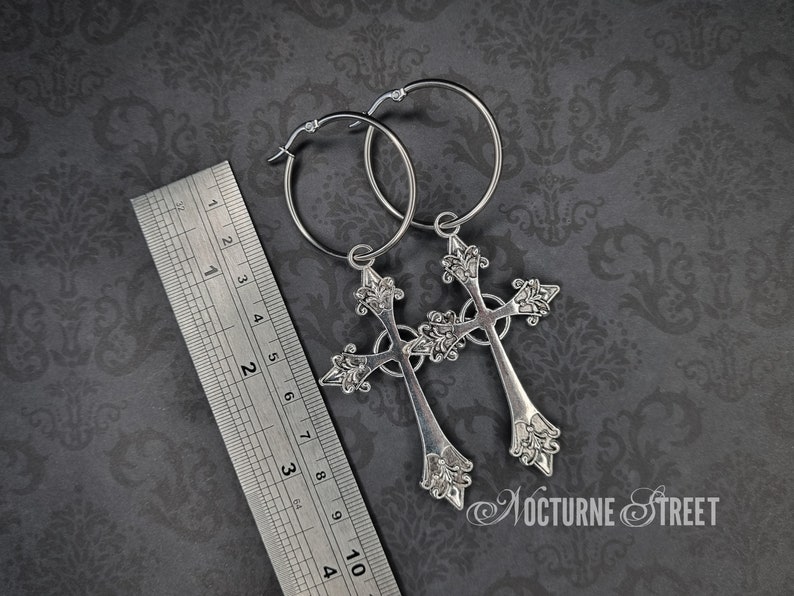 Gothic Cross Hoop Earrings - Large Silver Cross Earrings, Gothic Cross Earrings, Trad Goth Jewelry, Alternative Jewelry, Goth Gift image 2