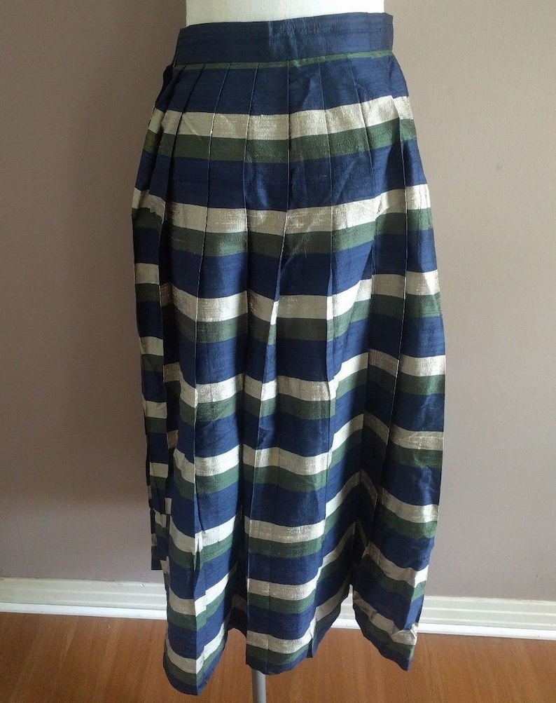Vintage 1970s German Kobler Dirndl Women/'s Size 36 100/% Silk Pleated Metallic Midi Skirt Striped Green Blue A-Line