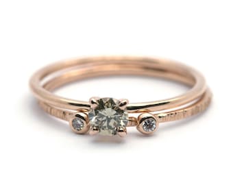 14k Rose Gold Champagne Diamond Stacking Ring, Natural Champagne Diamond, Diamond Ring, Hammered Diamond Band, Diamond Ring Set, Engagement
