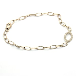14kt Gold Link Chain Bracelet with Diamond Link, Handmade Link Bracelet, Gold Diamond Link Bracelet, Gold Oval Shape Link Bracelet